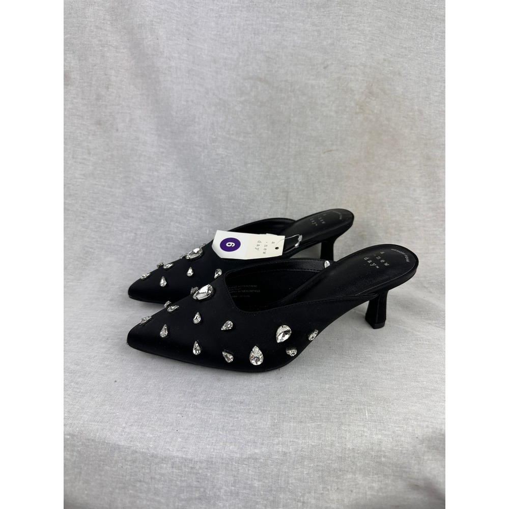 A New Day Womens Black Satin Rhinestone Kitten Heel Mules Pointed Toe Shoes 6